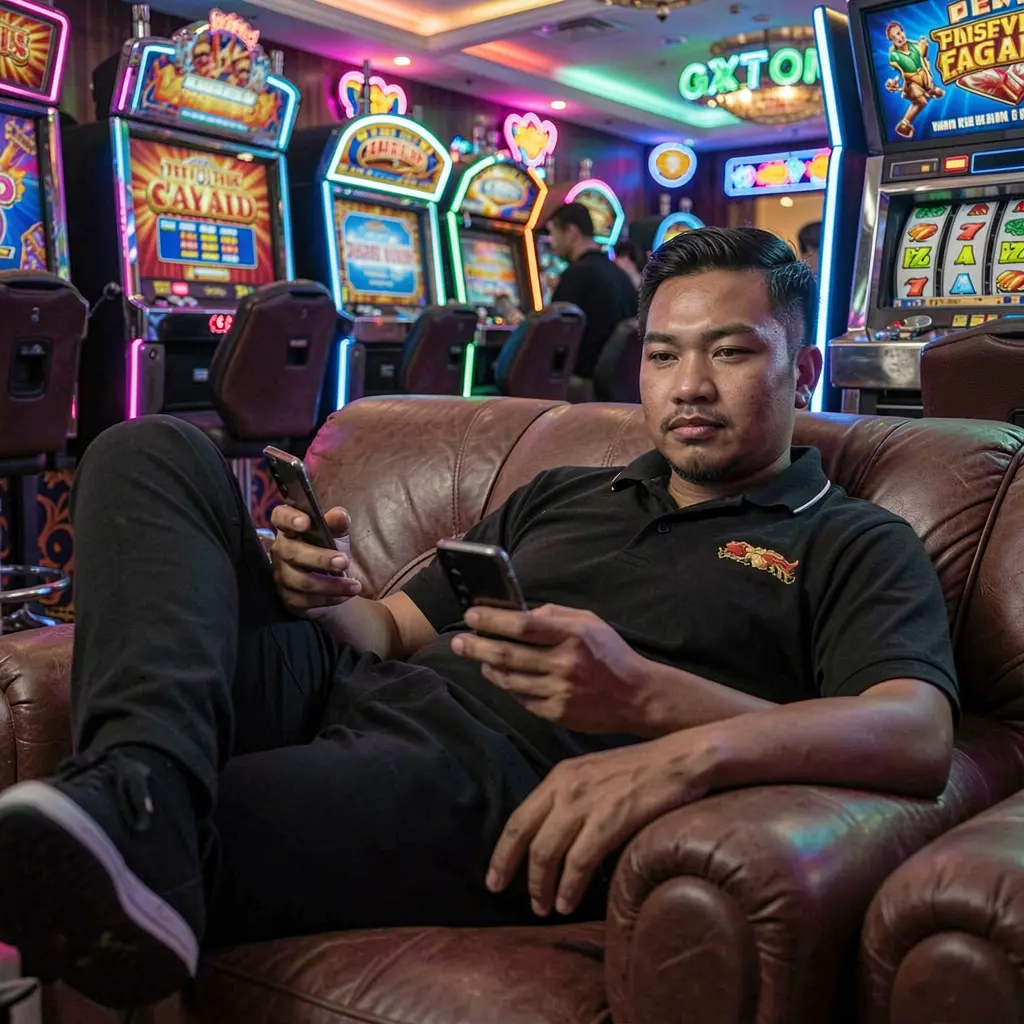 PH ZZZ App – Experience premium mobile casino gaming built for Filipinos Confident Filipino man enjoying the PH ZZZ casino app on his phone while relaxing on a sofa with colorful slot machines behind him