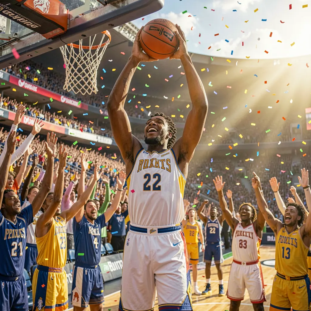 PH ZZZ Bet – Experience the thrill of winning basketball bets in the Philippines Excited basketball player celebrating a crucial score in front of cheering fans with confetti flying symbolizing big wins and thrilling moments on PH ZZZ