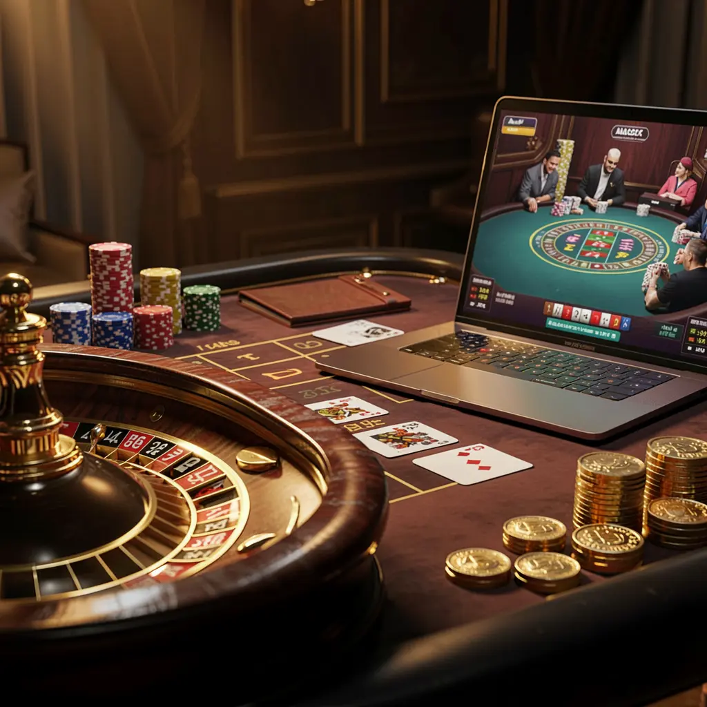 PH ZZZ – Experience premium live casino gameplay in the Philippines Elegant casino setting with a roulette wheel, scattered gold coins, and a laptop displaying PH ZZZ live casino gameplay symbolizing premium online gaming in the Philippines