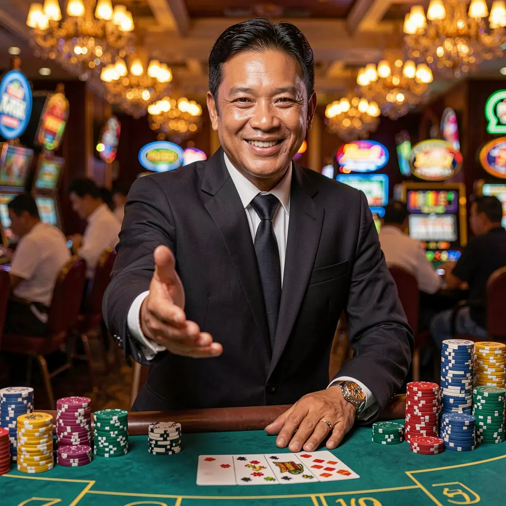 PH ZZZ Login – Enter a trusted and exciting online casino experience Confident casino dealer reaching out with a welcoming gesture surrounded by vibrant poker chips representing trusted access and premium gaming at PH ZZZ Philippines