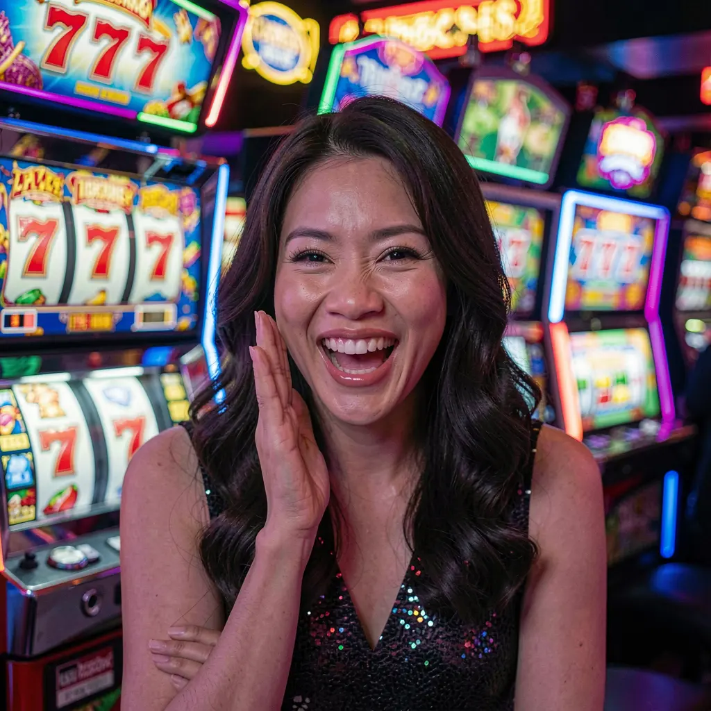 PH ZZZ – Experience exciting slot entertainment made for players in the Philippines Smiling woman enjoying vibrant slot machines with glowing 777 symbols at PH ZZZ casino creating an exciting gaming mood for players in the Philippines